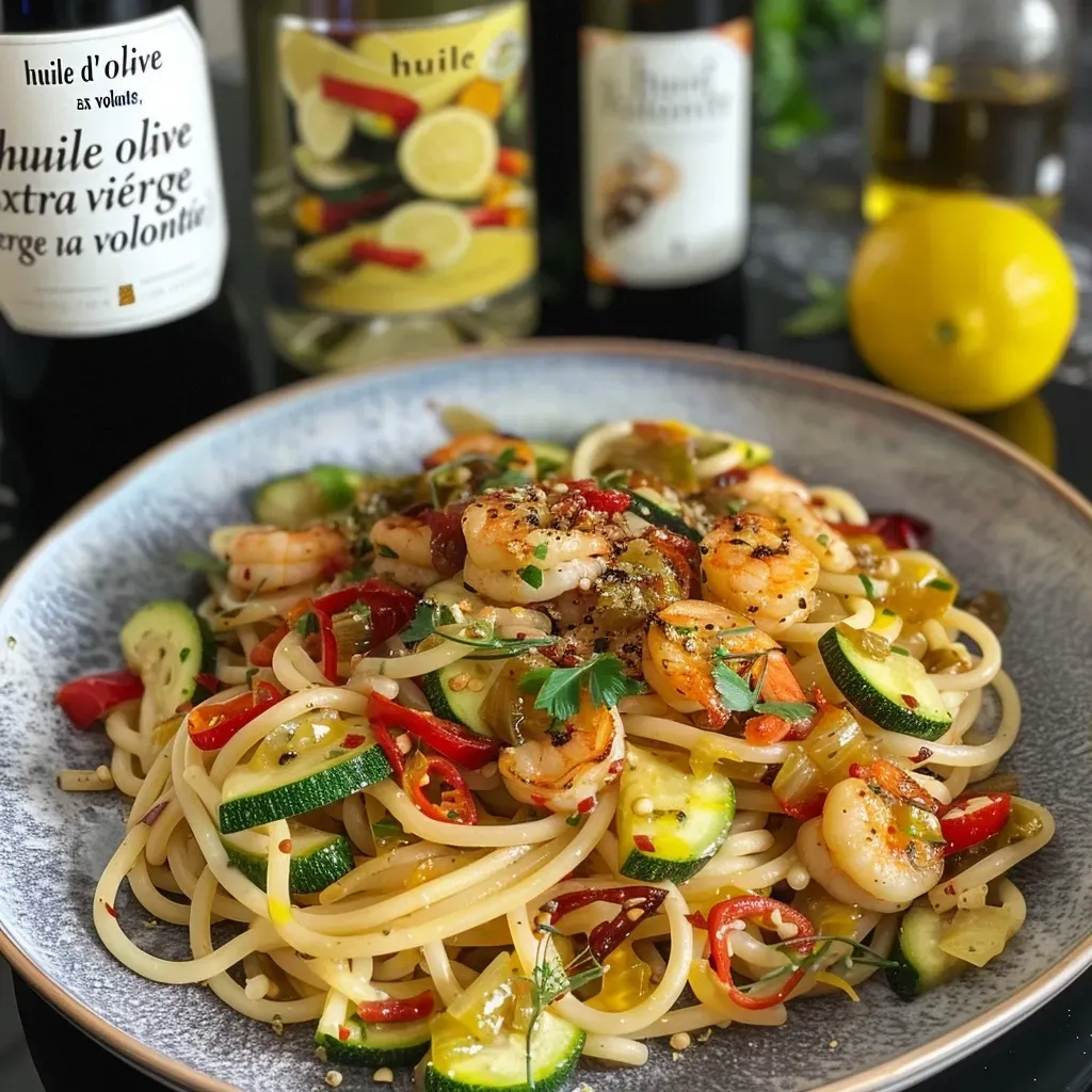 A close-up side view of spaghetti with octopus and zucchini, garnished with parsley and lemon zest.