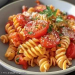 A close-up view of protein pasta with tuna, garnished with cherry tomatoes and parsley.
