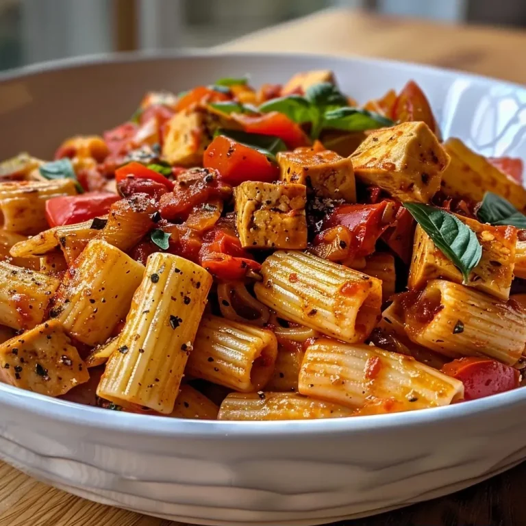 Pâtes au tofu savoureuses prêtes en 20 minutes Close-up of a vibrant tofu pasta dish with rigatoni and fresh basil.