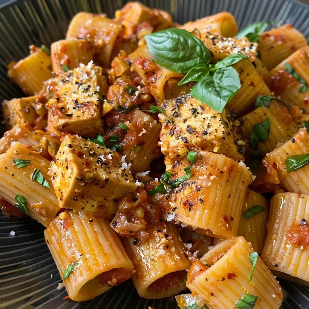 Juicy, seasoned tofu pasta served in a bowl, highlighting the ingredients.