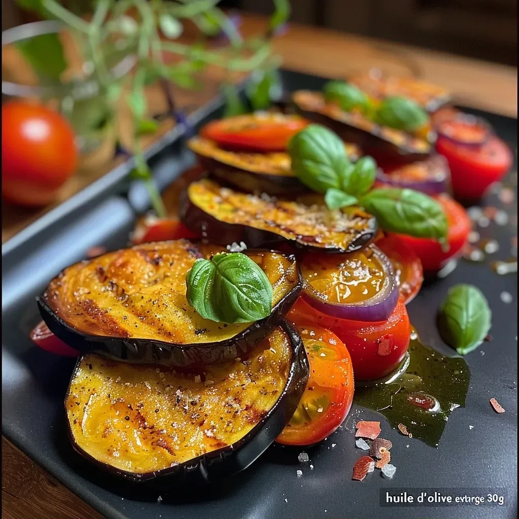 Side view of a delicious plate of pasta featuring eggplant and cherry tomatoes.