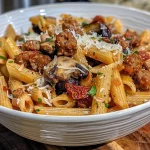 ['Close-up of creamy chorizo pasta with chopped mushrooms and sun-dried tomatoes.', 'Side view of penne pasta dish featuring chorizo sausage, mushrooms, and herbs.', 'Juicy pasta with chorizo, sun-dried tomatoes, and a sprinkle of parsley.', 'Plate of penne pasta garnished with grated parmesan and Italian herbs.']