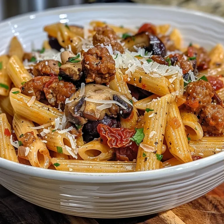 ['Close-up of creamy chorizo pasta with chopped mushrooms and sun-dried tomatoes.', 'Side view of penne pasta dish featuring chorizo sausage, mushrooms, and herbs.', 'Juicy pasta with chorizo, sun-dried tomatoes, and a sprinkle of parsley.', 'Plate of penne pasta garnished with grated parmesan and Italian herbs.']