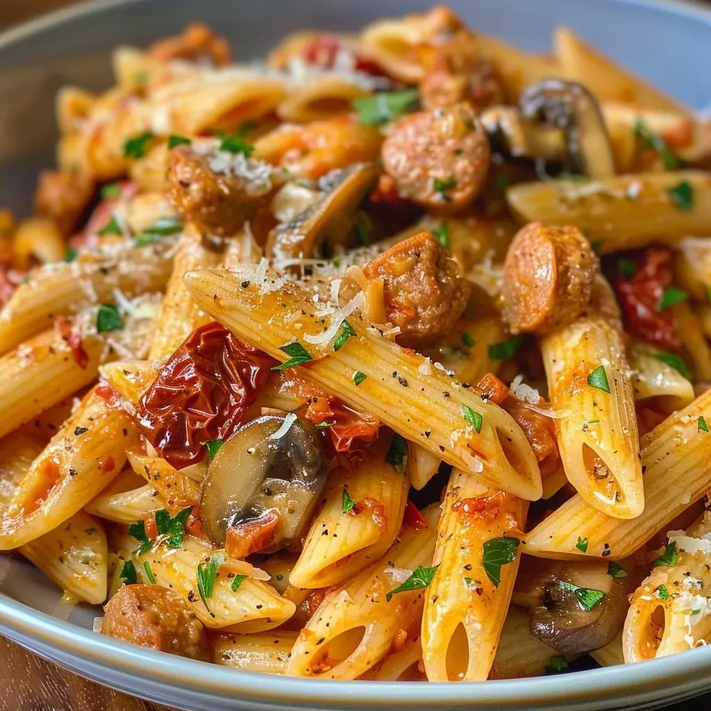 Close-up of creamy chorizo pasta with chopped mushrooms and sun-dried tomatoes.
