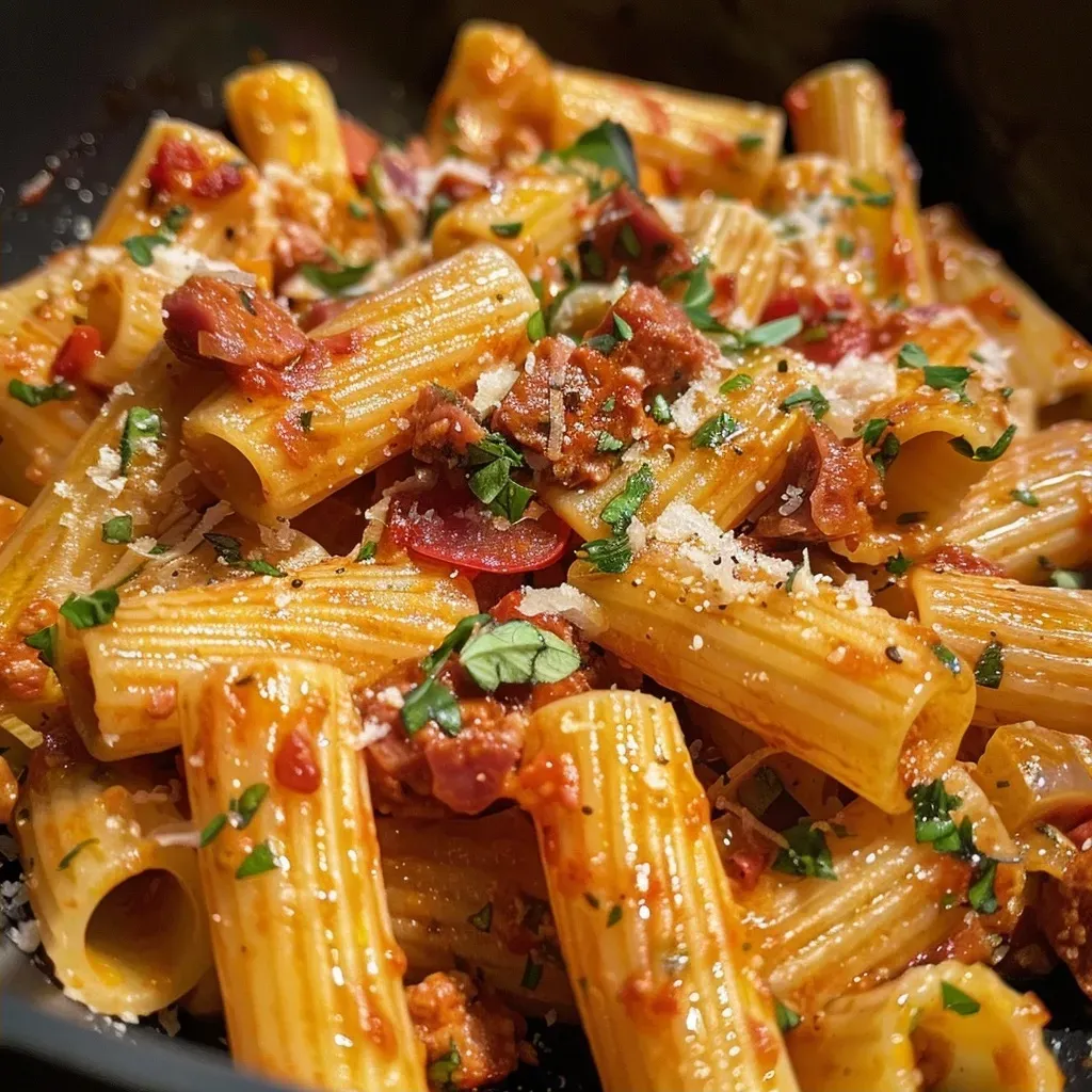 Close-up view of creamy chorizo pasta with vibrant colors and garnished with basil.