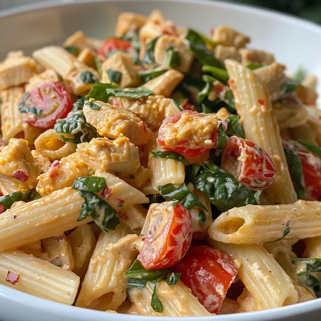 Close-up view of a creamy high-protein pasta bowl featuring colorful vegetables and protein sources.
