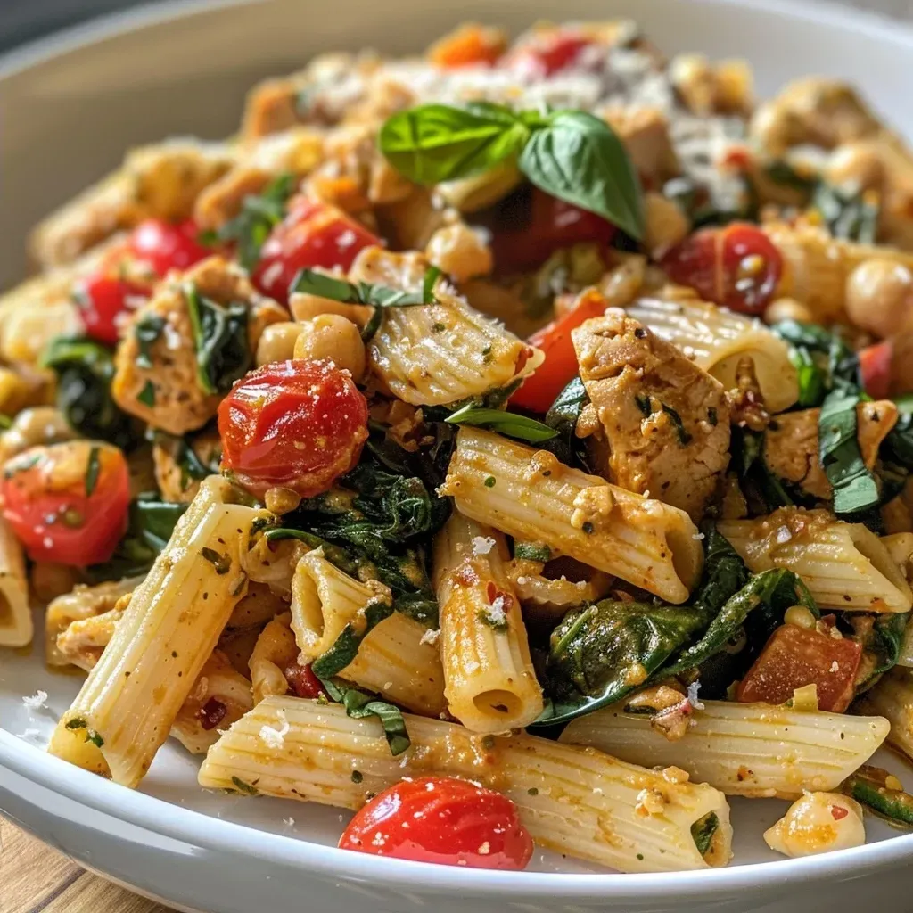 Side view of a pasta dish with creamy sauce, cherry tomatoes, spinach, and grilled chicken.