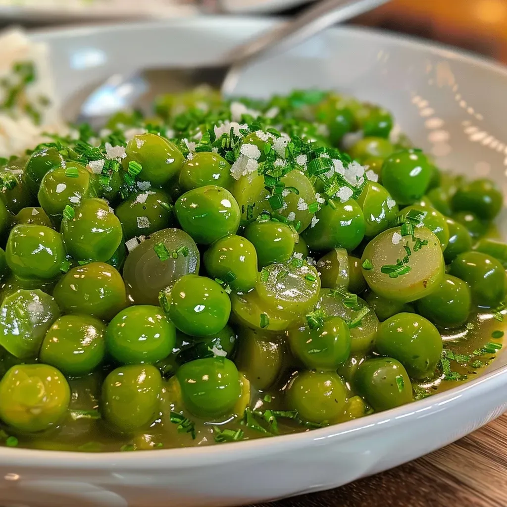 Side view of a vibrant serving of petits pois à la française, showcasing fresh green peas and lettuce.