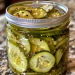 Close-up view of juicy pickles in a jar, showcasing their vibrant green color.