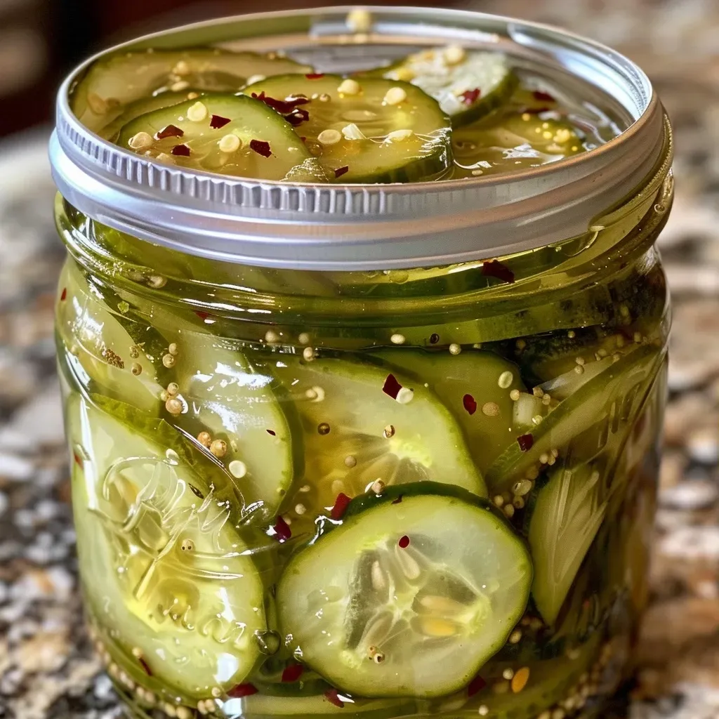 Close-up view of juicy pickles in a jar, showcasing their vibrant green color.