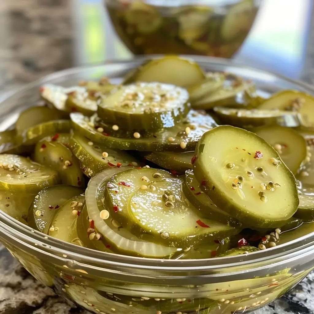 Side angle of freshly made pickles, highlighting the herbs and spices within the jar.