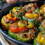 Close-up view of baked stuffed bell peppers with a golden-brown topping.