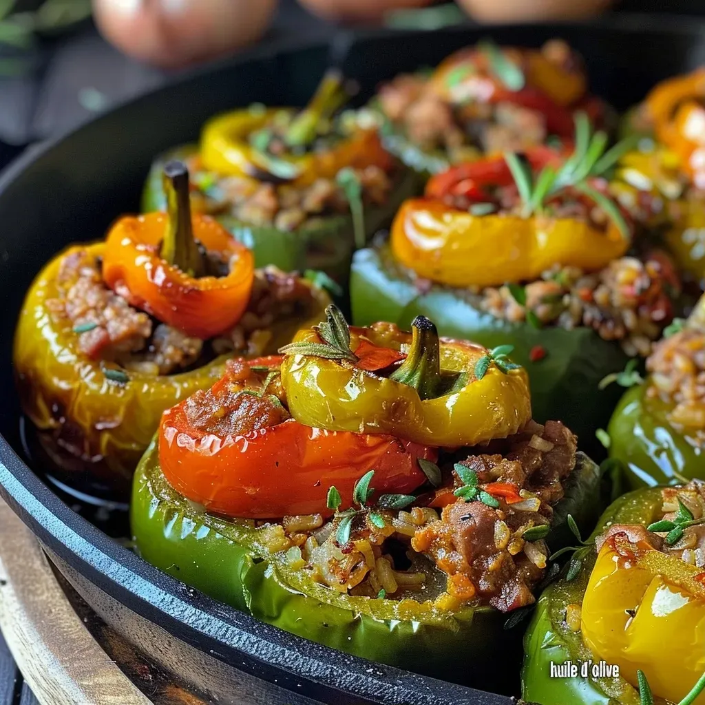 Close-up view of baked stuffed bell peppers with a golden-brown topping.