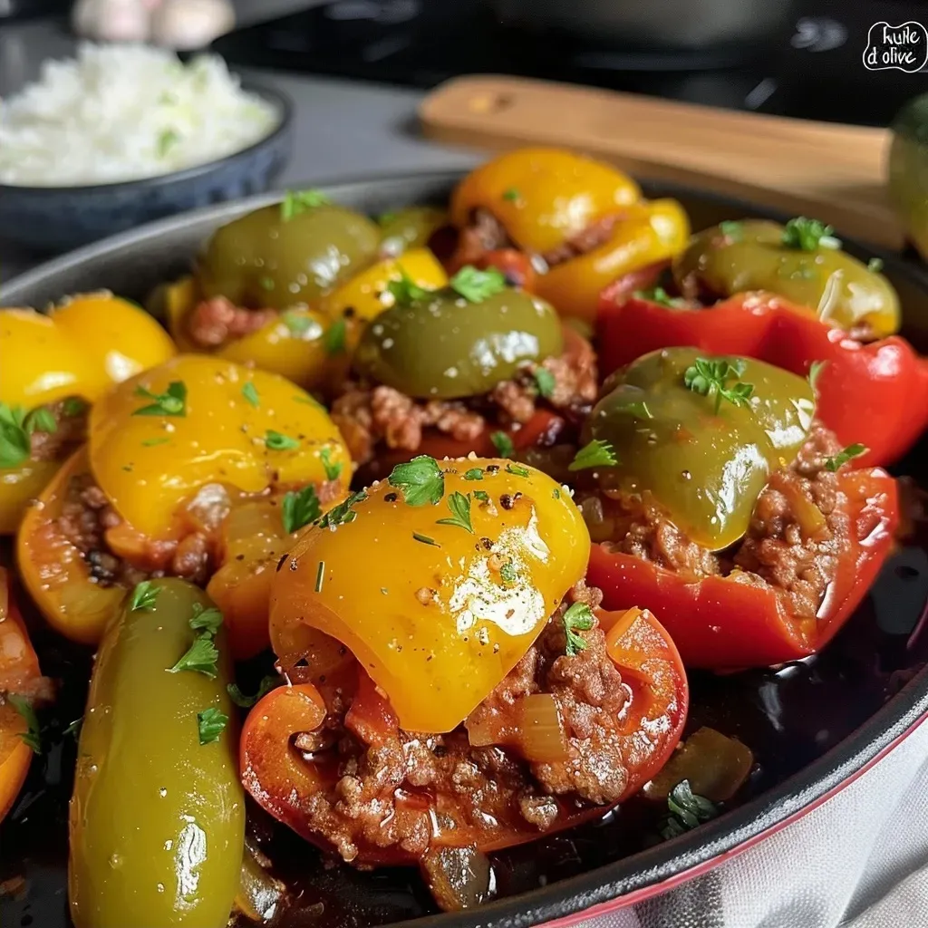 Side view of juicy stuffed peppers filled with meat and rice.