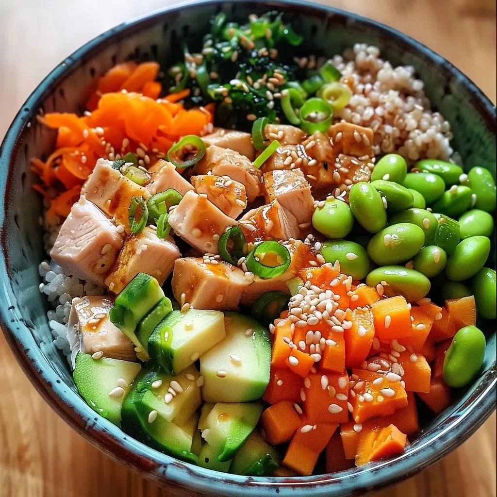 A colorful poke bowl filled with chicken, quinoa, cucumber, avocado, carrots, and edamame, presented in a close-up view.