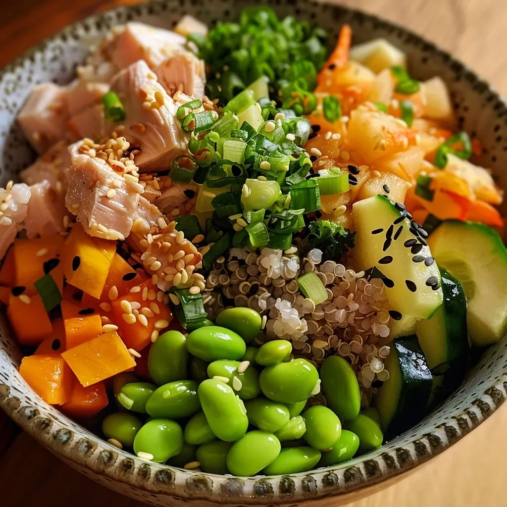 A vibrant poke bowl showcasing layers of quinoa, diced chicken, and fresh vegetables, captured from the side.