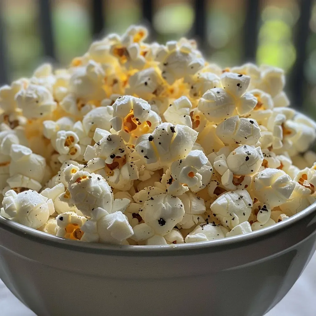 Close-up view of freshly made popcorn in a bowl, with a sprinkle of salt.