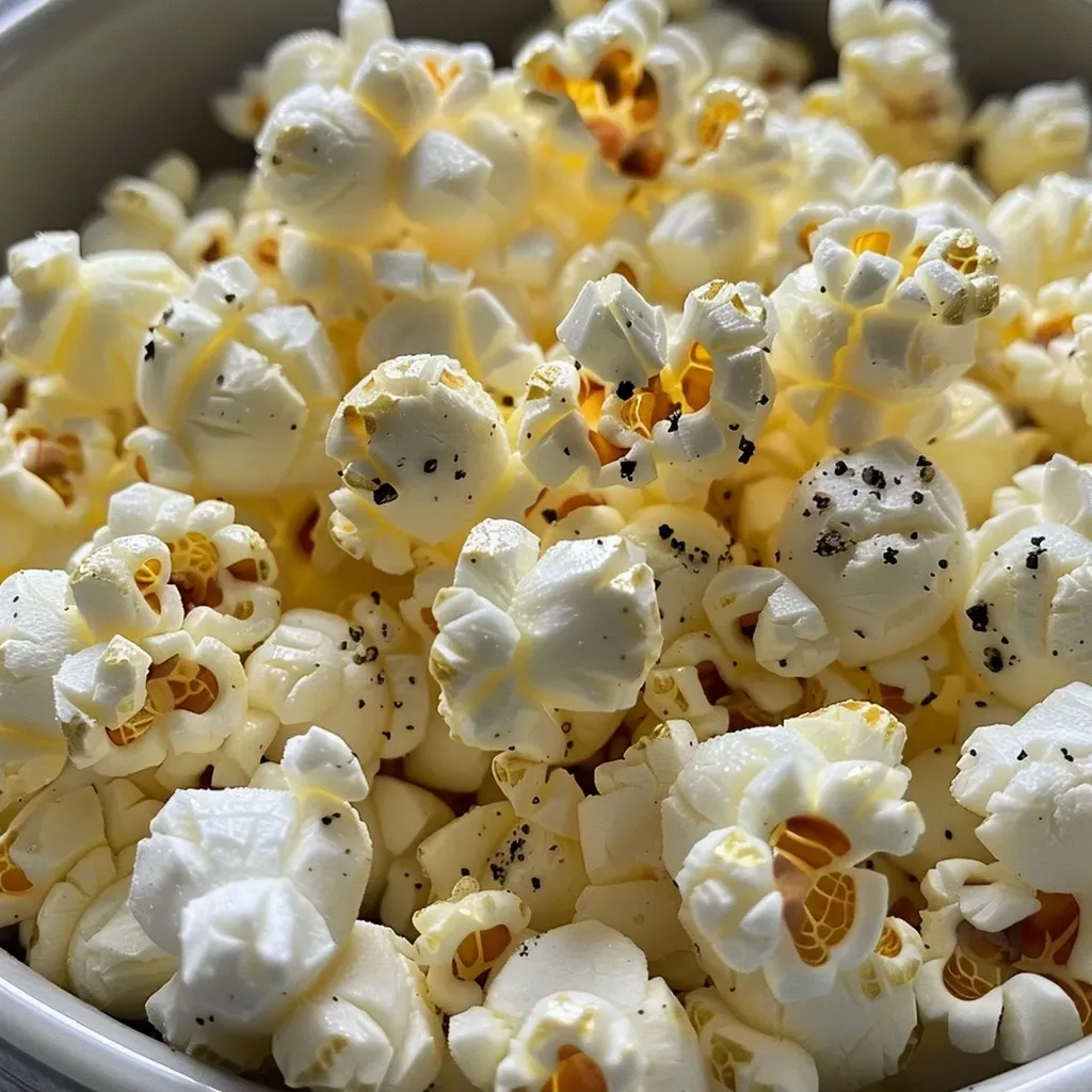Side angle of delicious golden popcorn with a glossy sheen, displayed on a rustic wooden surface.