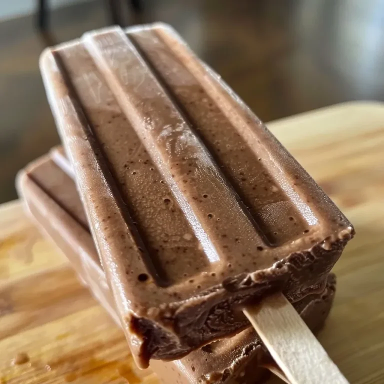 ['Close-up of a homemade chocolate pudding popsicle with a creamy texture.', 'Side view of a delicious popsicle made with chocolate pudding and Greek yogurt.', 'Juicy chocolate popsicle showcasing a smooth and rich dessert.', 'Close-up of a protein-rich chocolate pudding popsicle on a wooden stick.']