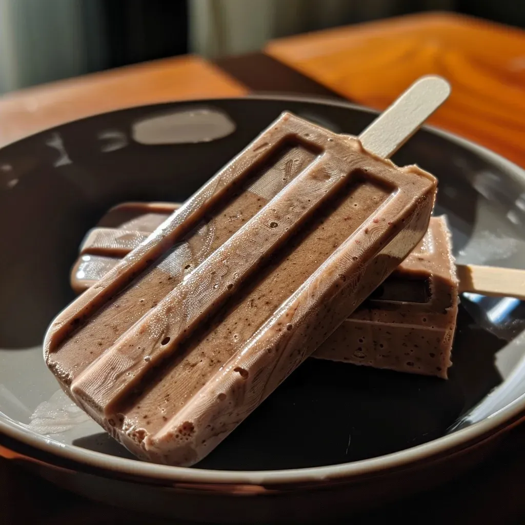 Close-up of a homemade chocolate pudding popsicle with a creamy texture.