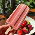['Close-up of vibrant red strawberry popsicles on a wooden table.', 'Side view of frozen strawberry popsicles, glistening with condensation.', 'Juicy, colorful strawberry popsicles displayed against a bright background.', 'Refreshing strawberry popsicles with fresh strawberries nearby.']