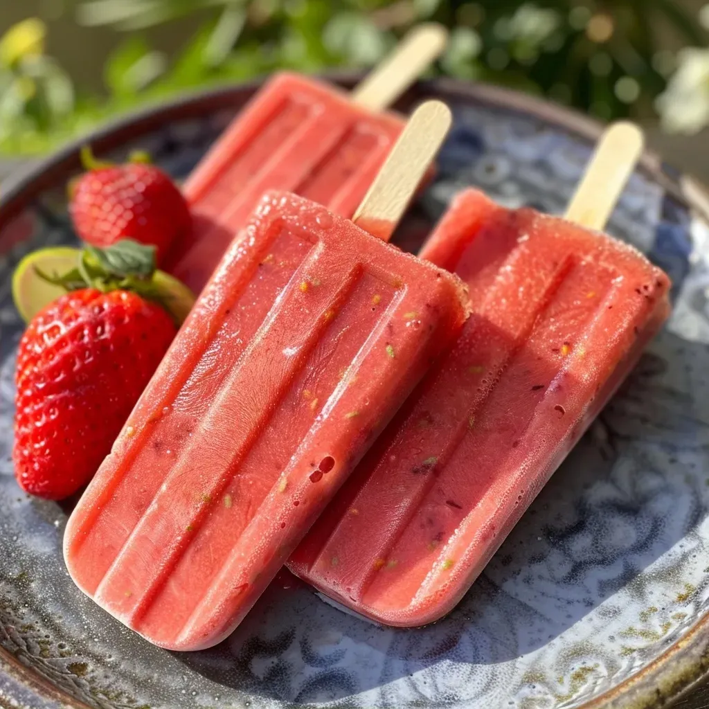 Close-up of vibrant red strawberry popsicles on a wooden table.