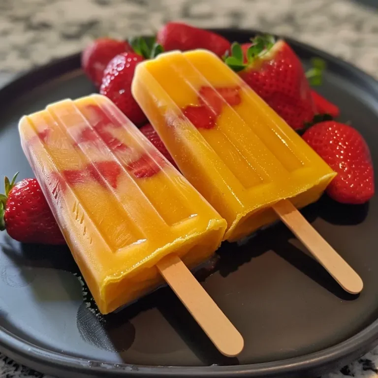 ['A close-up view of vibrant mango and strawberry popsicles with a droplet of condensation.', 'Juicy mango and strawberry popsicles displayed side by side, highlighting their bright colors.', 'Close-up shot of popsicles featuring fresh mango and hulled strawberries, showcasing their textures.', 'Side view of refreshing mango and strawberry popsicles, accentuating their fruity layers.']