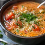 A close-up view of a vibrant bowl of Potage de Tomates Estival, showcasing its creamy texture and bright red color.
