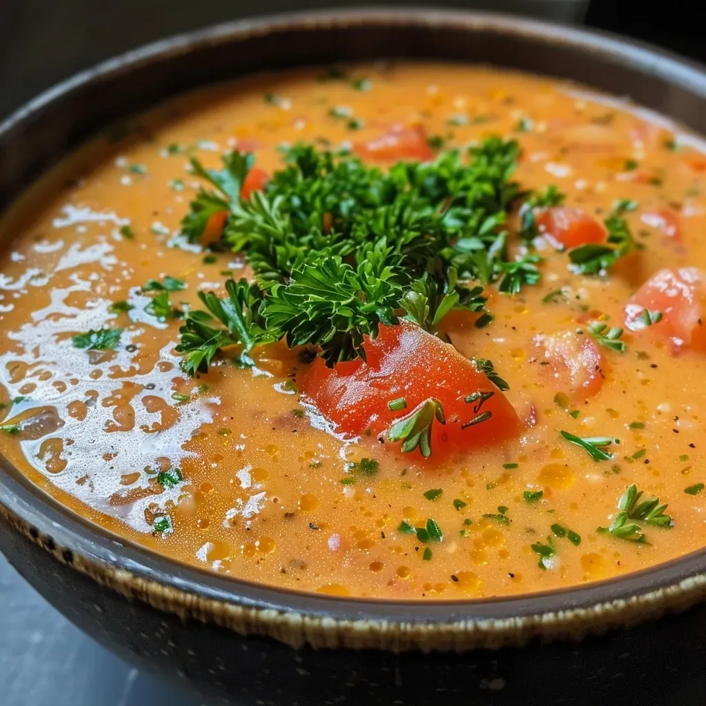 A side perspective of a steaming bowl of tomato soup, beautifully garnished with fresh herbs.