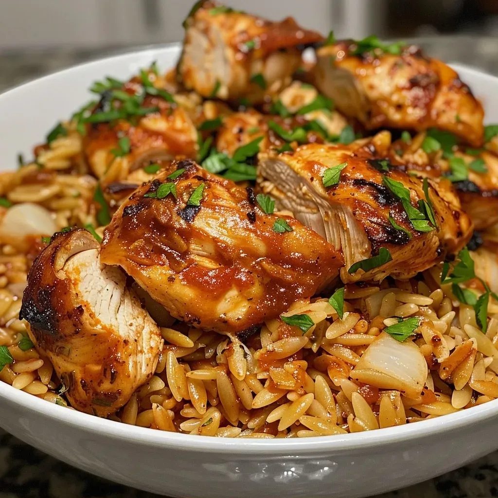 Juicy BBQ chicken thighs and orzo pasta in a creamy sauce, garnished with fresh parsley.