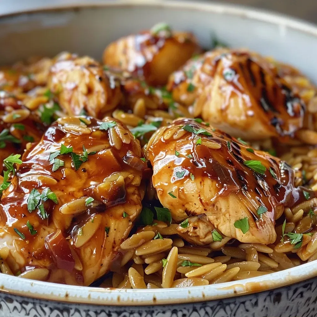 Close-up of smoky barbecue chicken served over orzo with diced onions and garlic.