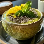 Close-up view of a creamy green lime chia pudding in a glass jar.