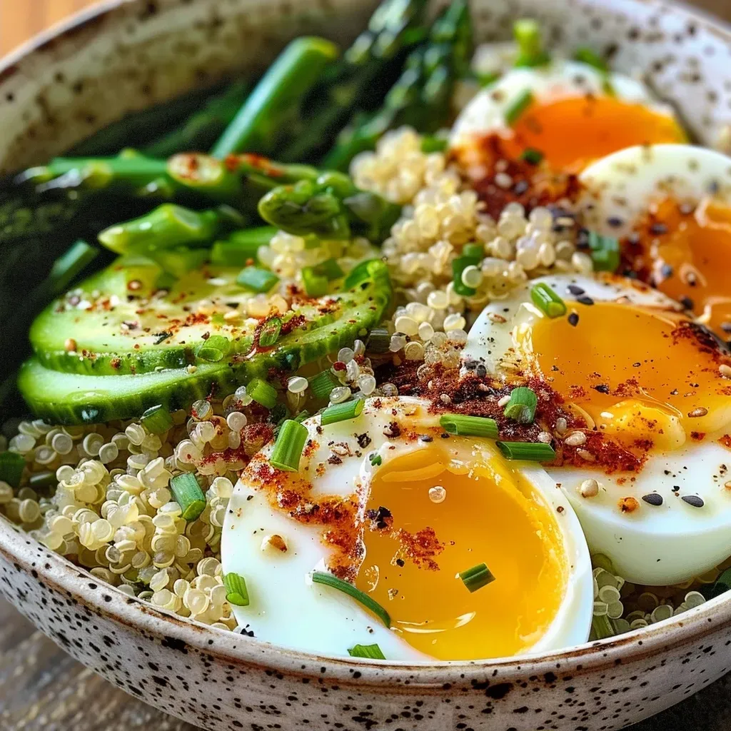 Close-up view of a quinoa bowl with asparagus, a soft-boiled egg, and yogurt-lemon sauce.