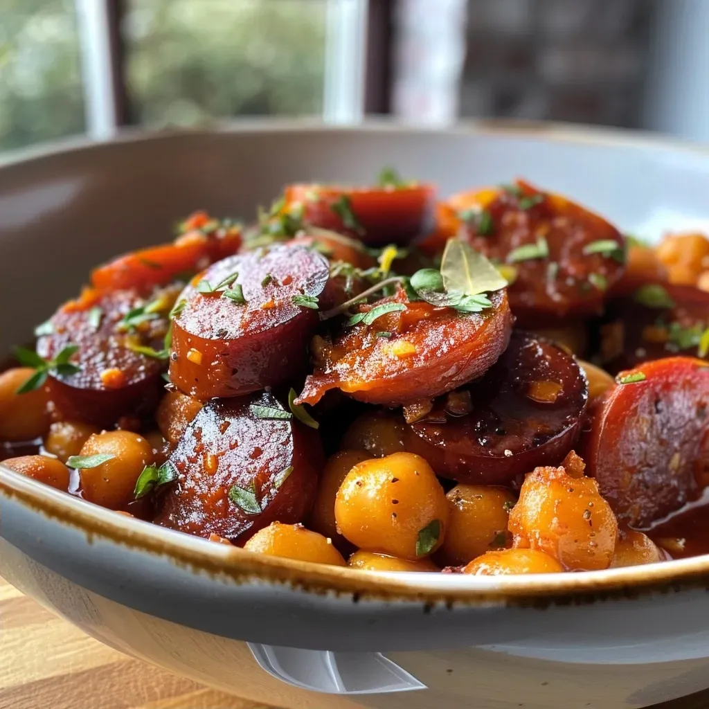 Close-up of a hearty chorizo chickpea stew, showcasing sliced chorizo and chickpeas in a rich tomato sauce.