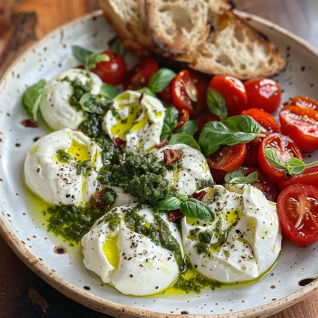 A close-up view of fresh burrata cheese surrounded by cherry tomatoes and basil.