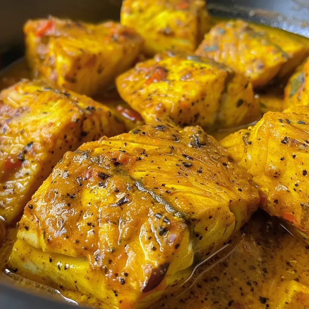 Side view of a deliciously plated fish curry, featuring chunks of fish and garnished with herbs.