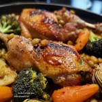 A close-up side view of a colorful chicken dish featuring artichokes, lentils, and broccoli.