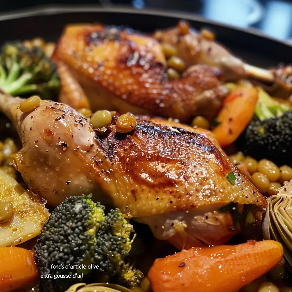 A close-up side view of a colorful chicken dish featuring artichokes, lentils, and broccoli.