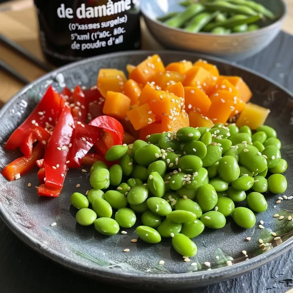 Close-up side view of roasted edamame and chickpeas on a plate.