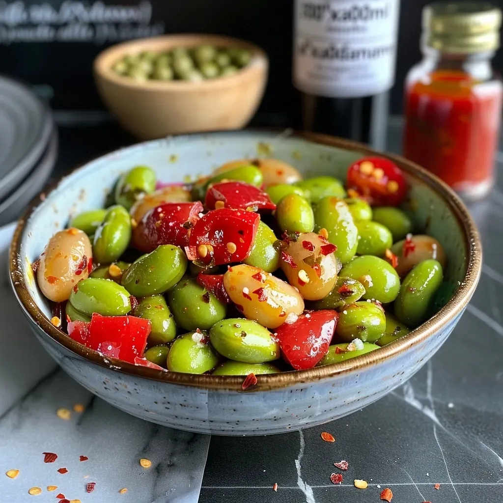 Vivid image of seasoned roasted vegetables, including edamame and chickpeas.