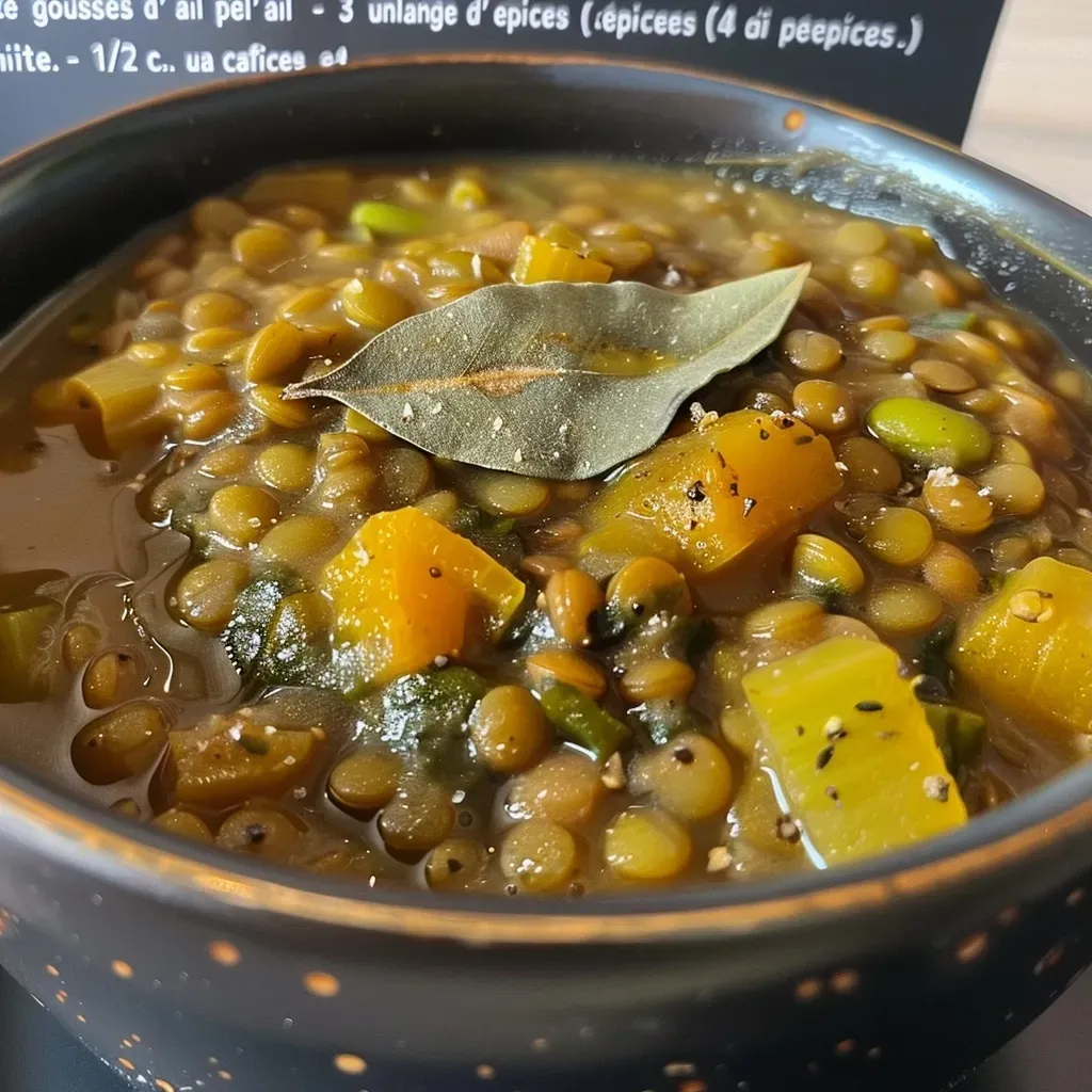 Close-up view of a creamy lentil dish with fresh spinach and coconut milk.