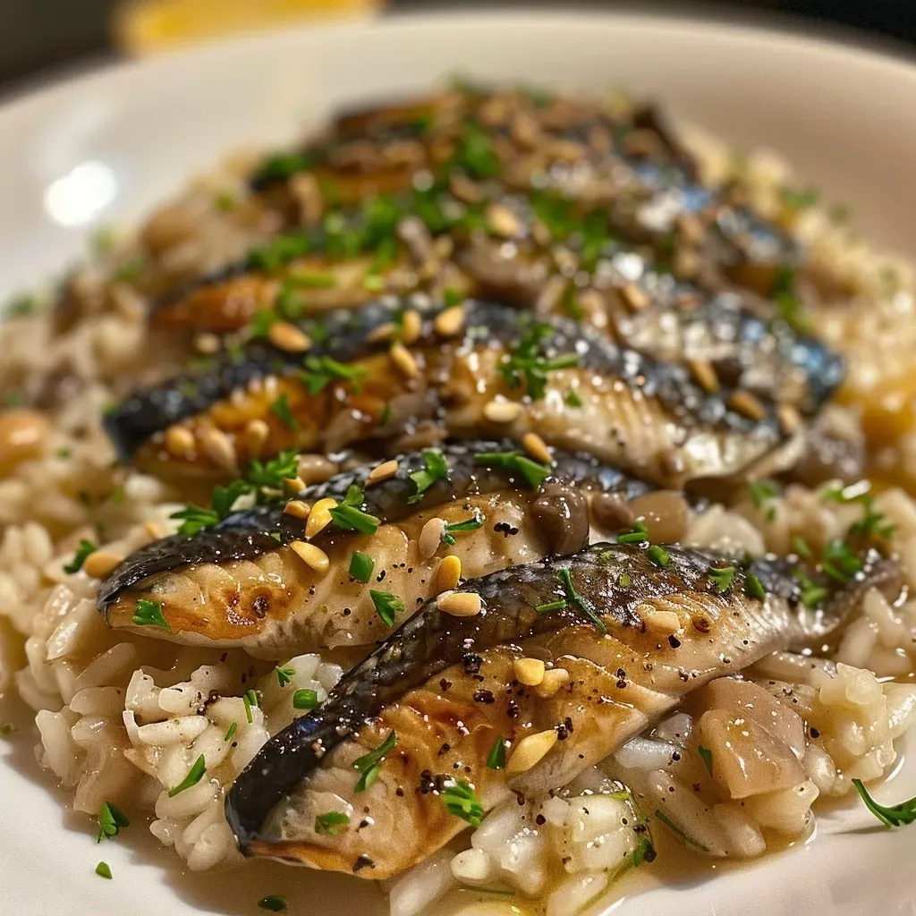 A creamy risotto made with cooked beets and sardines, displayed elegantly on a white plate.