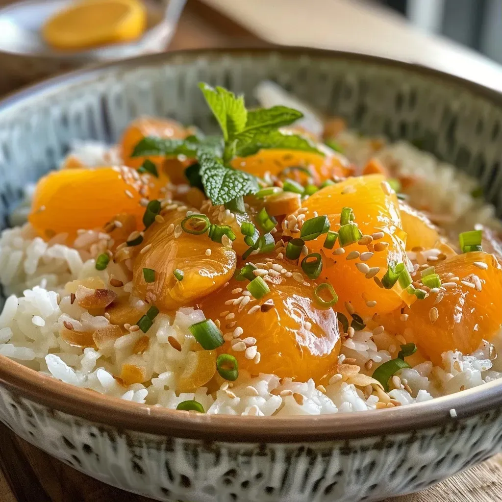 Close-up view of creamy rice pudding with apricots.