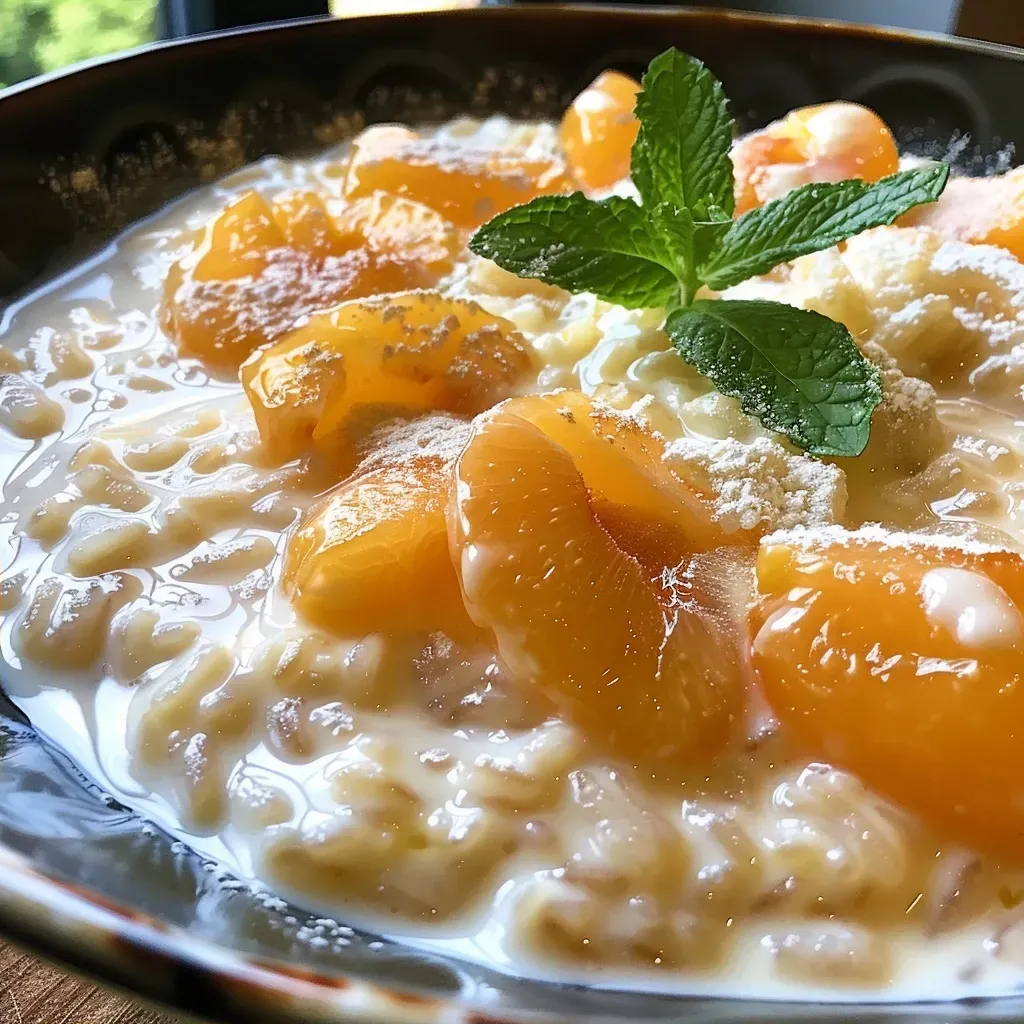 Side shot of a bowl of rich rice pudding topped with fresh apricots.