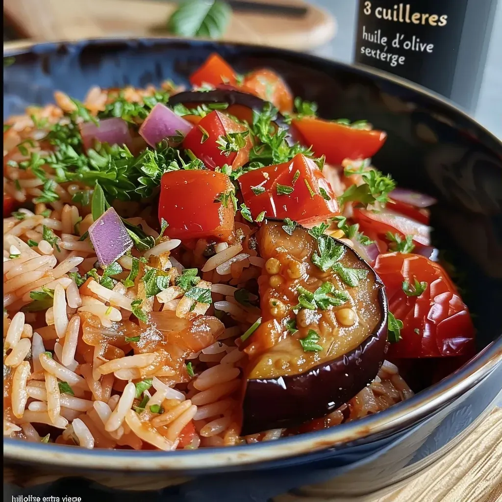 A close-up side view of a plate featuring basmati rice, sliced aubergines, and cherry tomatoes, garnished with basil.
