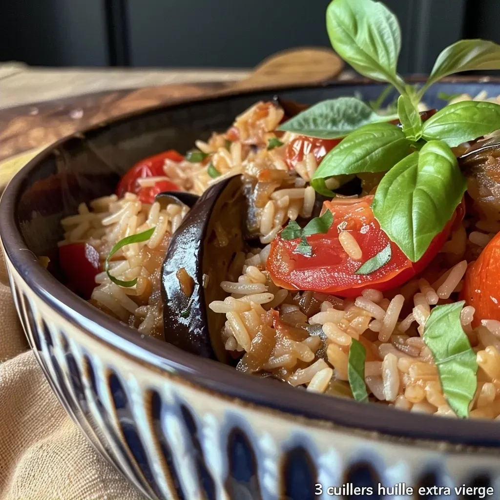 Juicy basmati rice dish with small round aubergines and colorful cherry tomatoes, highlighted in natural light.