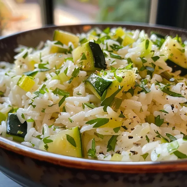 Riz gourmand aux courgettes : un plat savoureux prêt en un rien de temps Close-up view of a bowl of riz gourmand aux courgettes with fresh herbs.