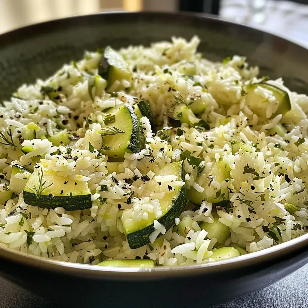 Delicious serving of creamy rice with zucchini, featuring vibrant green herbs.