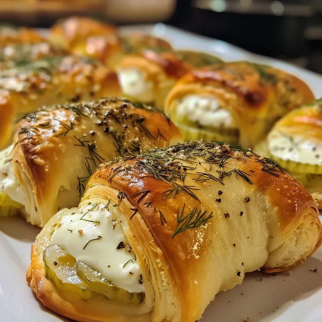 Side view of pickles wrapped in crescent roll dough with cream cheese filling.