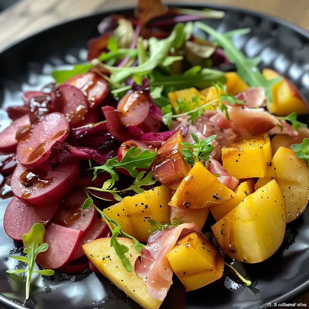A vibrant salad featuring beets, ham, and endives, beautifully arranged.